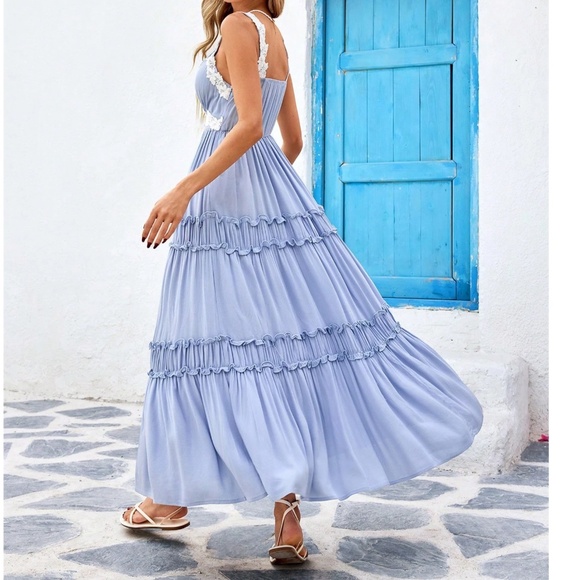 Boho Dusty Blue Lace Detail Flowy Cami Maxi Dress - Picture 6 of 6